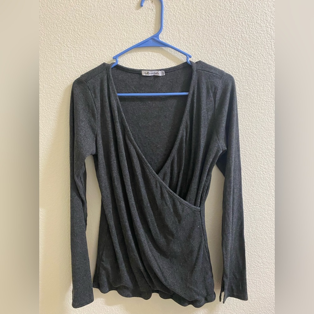 Knit long‎ sleeve Charcoal Wrap Blouse